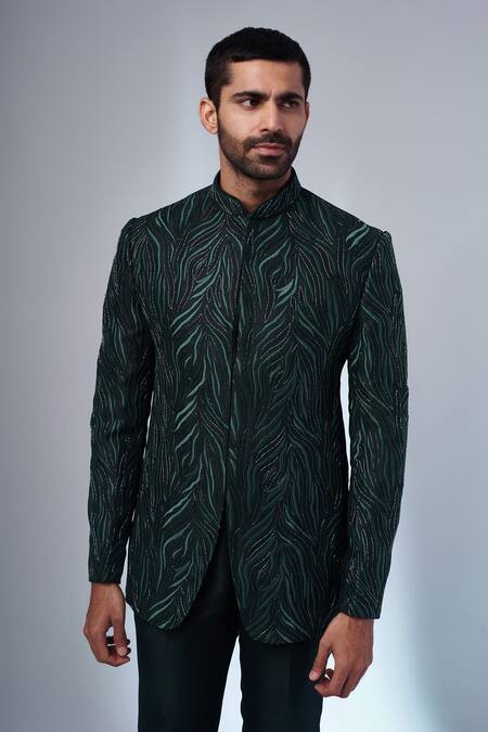 Buy_Nero By Shaifali And Satya_Green Suiting Helix Wing Embroidery Jodhpuri With Trouser_Online_at_Aza_Fashions