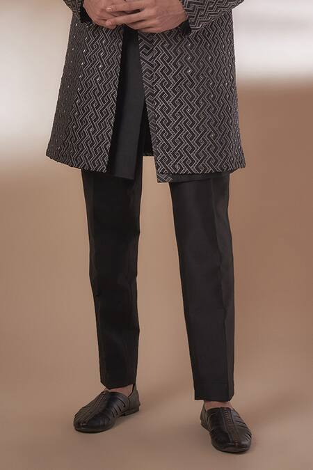 Nero By Shaifali And Satya_Black Jacquard Basket Weave Embroidery Sherwani Kurta Set_Online_at_Aza_Fashions