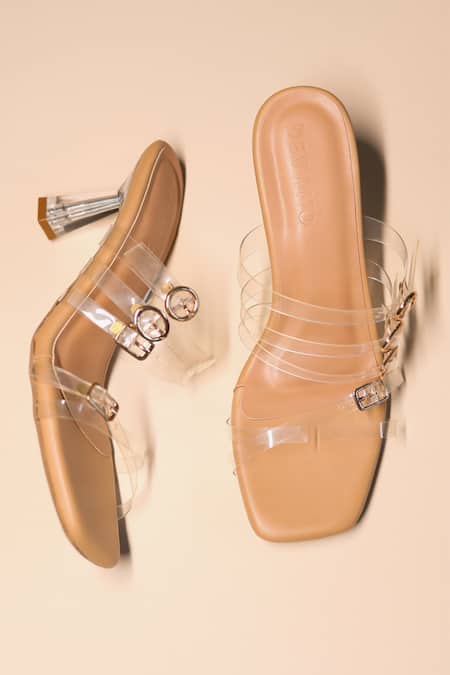 Devano_Brown Embroidery Lola Strappy Buckle Clear Heels_Online_at_Aza_Fashions