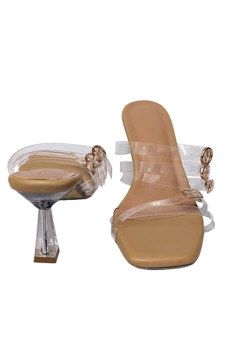 Shop_Devano_Brown Embroidery Lola Strappy Buckle Clear Heels_Online_at_Aza_Fashions