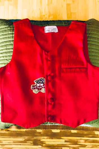 Rage Attire-Sweta Saria Red Cotton, Silk Embroidery, Beads Christmas Ornament Patch Jacket Online at Aza Fashions Rage Attire-Sweta Saria_Red Cotton, Silk Embroidery, Beads Christmas Ornament Patch Jacket _Online_at_Aza_Fashions