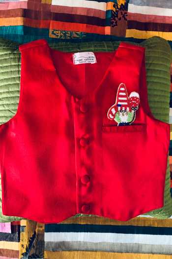 Shop Rage Attire-Sweta Saria Red Cotton, Silk Embroidery, Beads Christmas Ornament Patch Jacket Online at Aza Fashions Shop_Rage Attire-Sweta Saria_Red Cotton, Silk Embroidery, Beads Christmas Ornament Patch Jacket _Online_at_Aza_Fashions