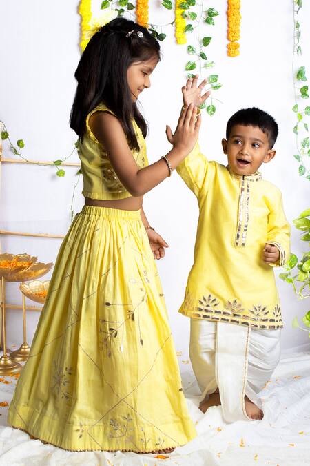 Rage Attire-Sweta Saria_Yellow Cotton, Silk Gota Patti Embroidered Kurta With Dhoti Pant _Online_at_Aza_Fashions