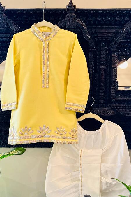 Buy_Rage Attire-Sweta Saria_Yellow Cotton, Silk Gota Patti Embroidered Kurta With Dhoti Pant _Online_at_Aza_Fashions