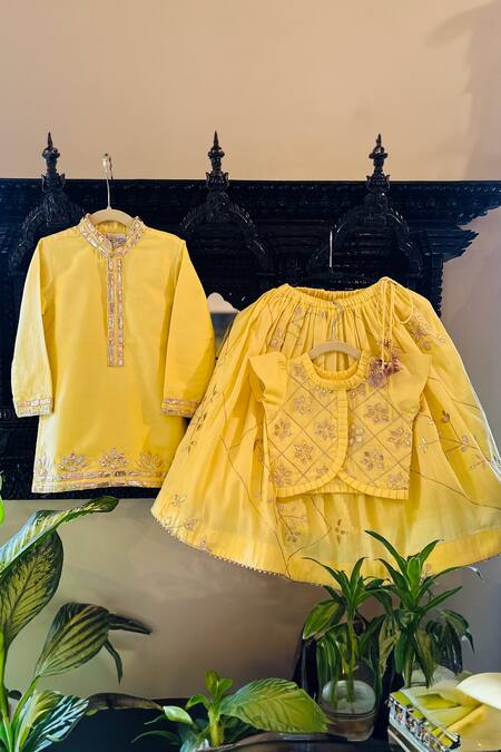 Shop_Rage Attire-Sweta Saria_Yellow Cotton, Silk Gota Patti Embroidered Kurta With Dhoti Pant _Online_at_Aza_Fashions