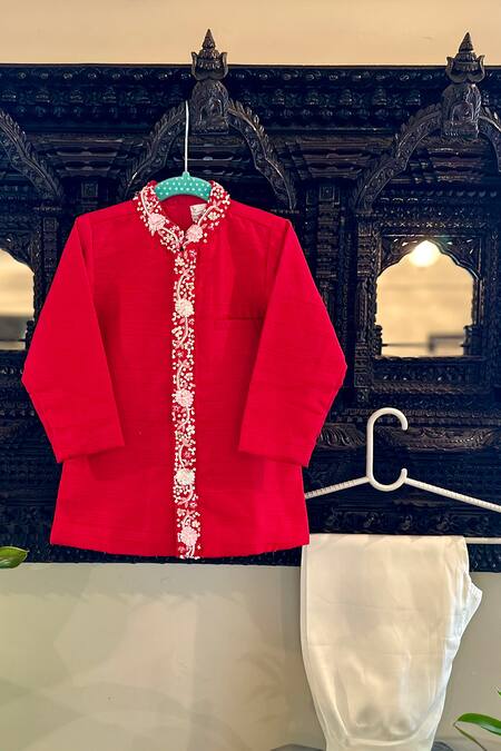 Rage Attire-Sweta Saria Red Bamboo, , Satin Sequins Embroidered Placket Sherwani With Pant Online at Aza Fashions Rage Attire-Sweta Saria_Red Bamboo, , Satin Sequins Embroidered Placket Sherwani With Pant _Online_at_Aza_Fashions