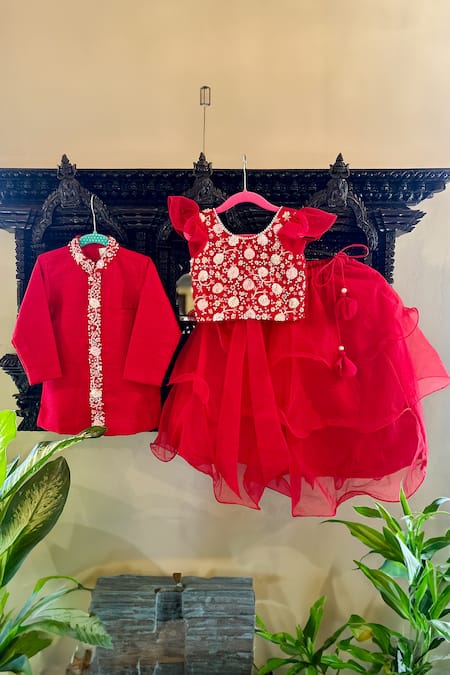 Shop Rage Attire-Sweta Saria Red Bamboo, , Satin Sequins Embroidered Placket Sherwani With Pant Online at Aza Fashions Shop_Rage Attire-Sweta Saria_Red Bamboo, , Satin Sequins Embroidered Placket Sherwani With Pant _Online_at_Aza_Fashions