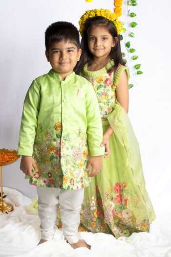 Rage Attire-Sweta Saria_Green Organza, Cotton Embroidery Floral Bloom Sherwani With Pant_Online_at_Aza_Fashions