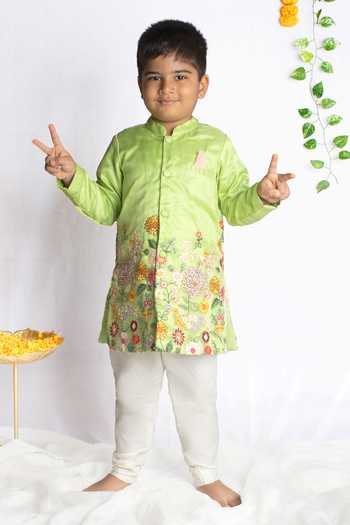 Buy_Rage Attire-Sweta Saria_Green Organza, Cotton Embroidery Floral Bloom Sherwani With Pant_Online_at_Aza_Fashions