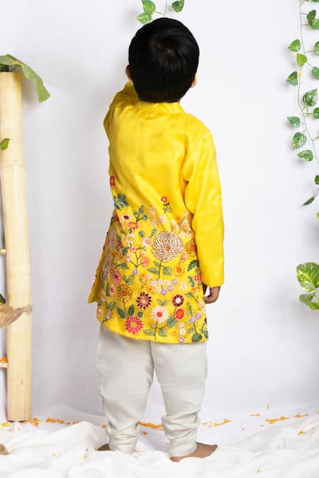 Rage Attire-Sweta Saria_Yellow Organza, Cotton Embroidery Floral Garden Sherwani With Pant _Online_at_Aza_Fashions