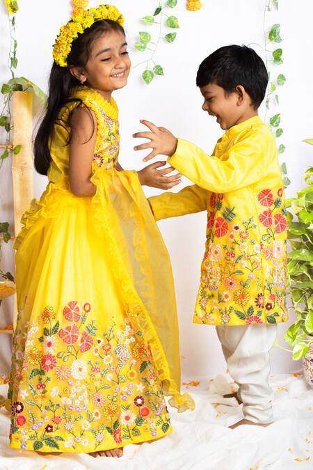 Buy_Rage Attire-Sweta Saria_Yellow Organza, Cotton Embroidery Floral Garden Sherwani With Pant _Online_at_Aza_Fashions