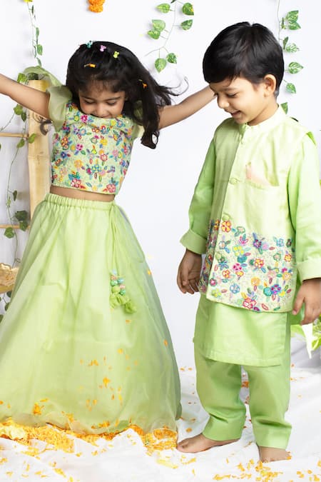 Buy_Rage Attire-Sweta Saria_Green Organza, Cotton Satin, Bamboo Embroidery, Floral Blouse Lehenga Set _Online_at_Aza_Fashions