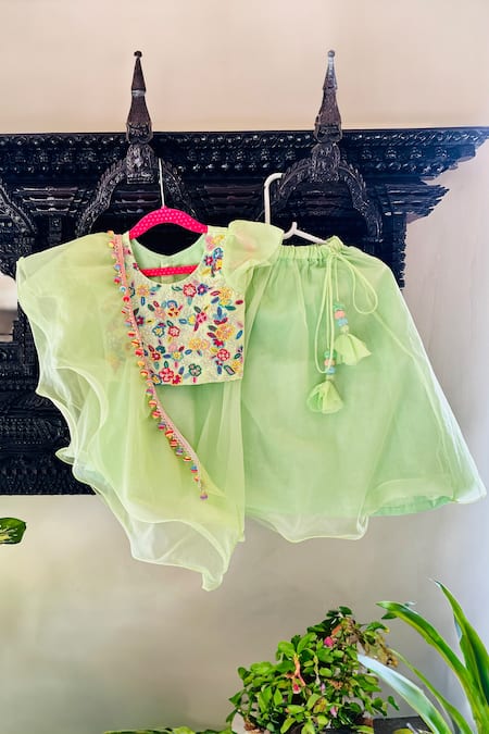 Shop_Rage Attire-Sweta Saria_Green Organza, Cotton Satin, Bamboo Embroidery, Floral Blouse Lehenga Set _Online_at_Aza_Fashions