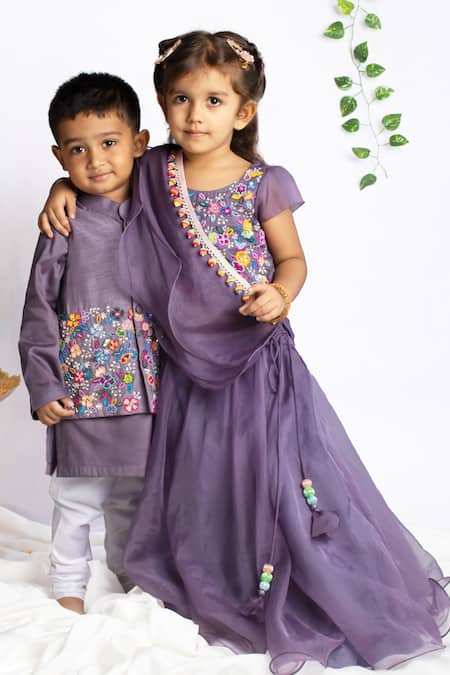Buy_Rage Attire-Sweta Saria_Purple Organza, Cotton, Silk Embroidery, Beads Hand Blouse Lehenga Set _Online_at_Aza_Fashions