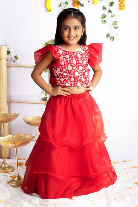 Buy_Rage Attire-Sweta Saria_Red Organza, Cotton, Silk Sequins, Embroidery, Hand Blouse With Ruffled Lehenga _Online_at_Aza_Fashions