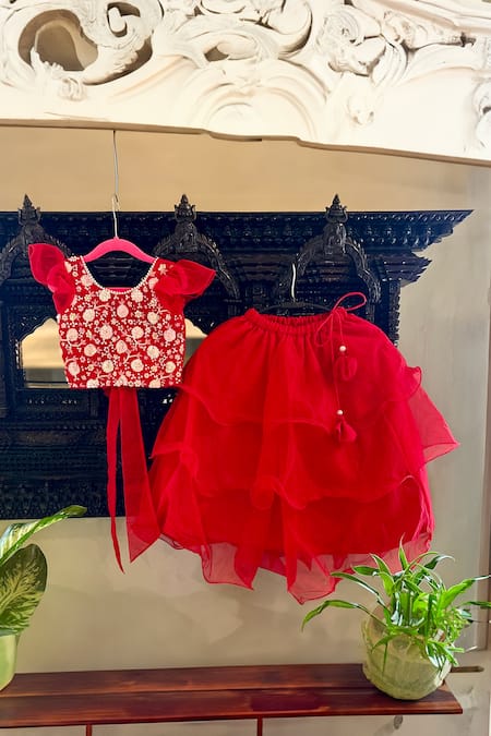 Shop_Rage Attire-Sweta Saria_Red Organza, Cotton, Silk Sequins, Embroidery, Hand Blouse With Ruffled Lehenga _Online_at_Aza_Fashions