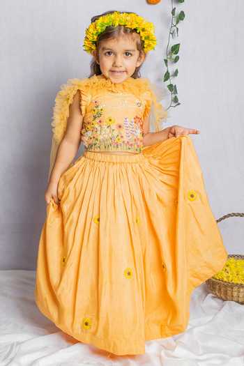 Rage Attire-Sweta Saria Peach Net, Bamboo, Silk Embroidery Sunflower Lehenga Set Online at Aza Fashions Rage Attire-Sweta Saria_Peach Net, Bamboo, Silk Embroidery Sunflower Lehenga Set _Online_at_Aza_Fashions