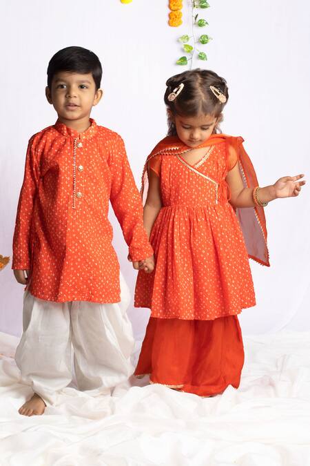 Rage Attire-Sweta Saria_Orange Bamboo, Organza Bandhani Print Kurta Sharara Set _Online_at_Aza_Fashions