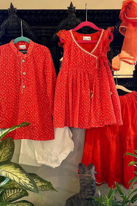 Buy_Rage Attire-Sweta Saria_Orange Bamboo, Organza Bandhani Print Kurta Sharara Set _Online_at_Aza_Fashions