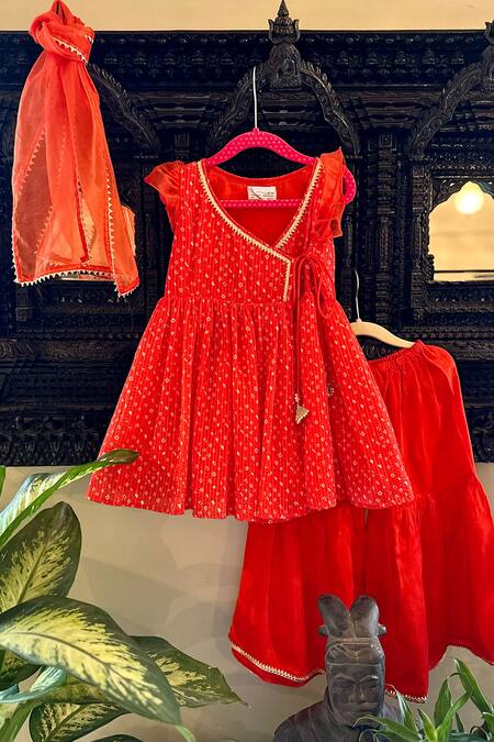 Shop_Rage Attire-Sweta Saria_Orange Bamboo, Organza Bandhani Print Kurta Sharara Set _Online_at_Aza_Fashions