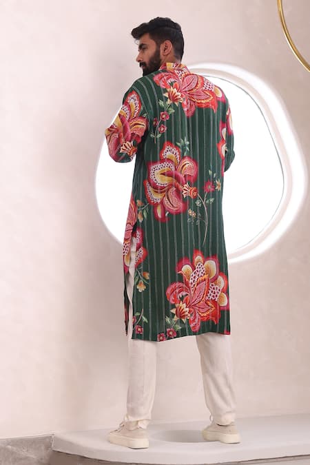 Shop Mahima Mahajan Green Mohair, Cotton Embroidery Ishaan Printed Kurta And Pant Set at Aza Fashions Shop_Mahima Mahajan_Green Mohair, Cotton Embroidery Ishaan Printed Kurta And Pant Set _at_Aza_Fashions
