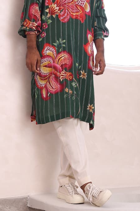 Mahima Mahajan Green Mohair, Cotton Embroidery Ishaan Printed Kurta And Pant Set Online at Aza Fashions Mahima Mahajan_Green Mohair, Cotton Embroidery Ishaan Printed Kurta And Pant Set _Online_at_Aza_Fashions