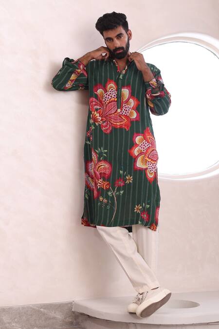 Shop Mahima Mahajan Green Mohair, Cotton Embroidery Ishaan Printed Kurta And Pant Set Online at Aza Fashions Shop_Mahima Mahajan_Green Mohair, Cotton Embroidery Ishaan Printed Kurta And Pant Set _Online_at_Aza_Fashions