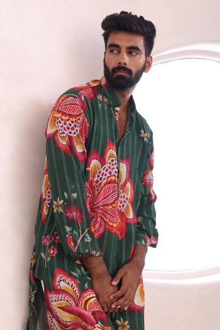 Mahima Mahajan Green Mohair, Cotton Embroidery Ishaan Printed Kurta And Pant Set at Aza Fashions Mahima Mahajan_Green Mohair, Cotton Embroidery Ishaan Printed Kurta And Pant Set _at_Aza_Fashions