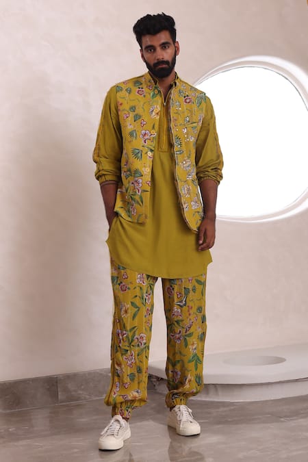 Mahima Mahajan Yellow Moss Crepe Printed Floral Veer Bundi Kurta Set 