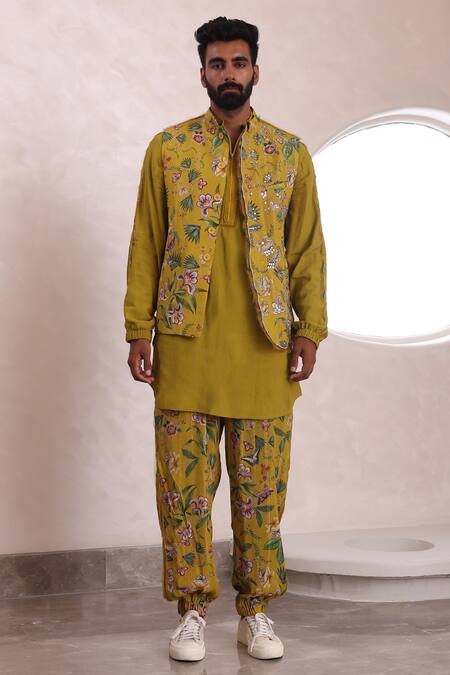 Buy_Mahima Mahajan_Yellow Modal Embroidery Floral Print Bundi Kurta Set _Online_at_Aza_Fashions
