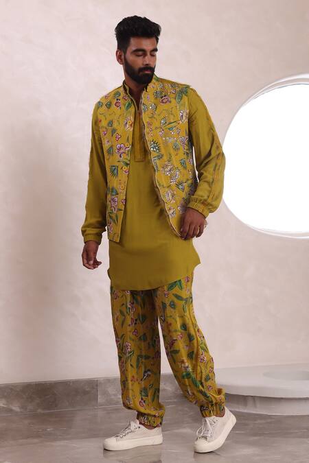 Mahima Mahajan_Yellow Modal Embroidery Floral Print Bundi Kurta Set _at_Aza_Fashions