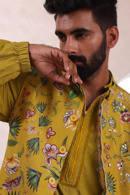 Buy_Mahima Mahajan_Yellow Modal Embroidery Floral Print Bundi Kurta Set 