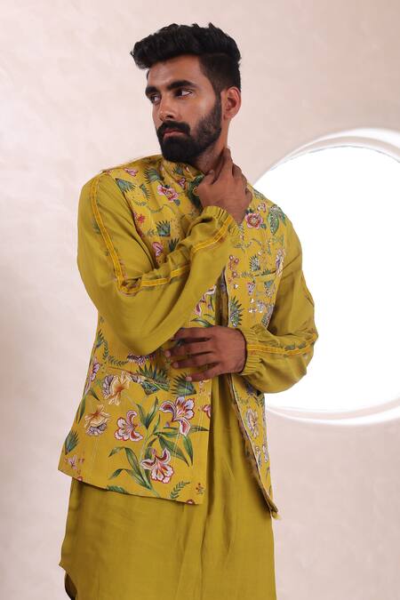 Shop_Mahima Mahajan_Yellow Modal Embroidery Floral Print Bundi Kurta Set 