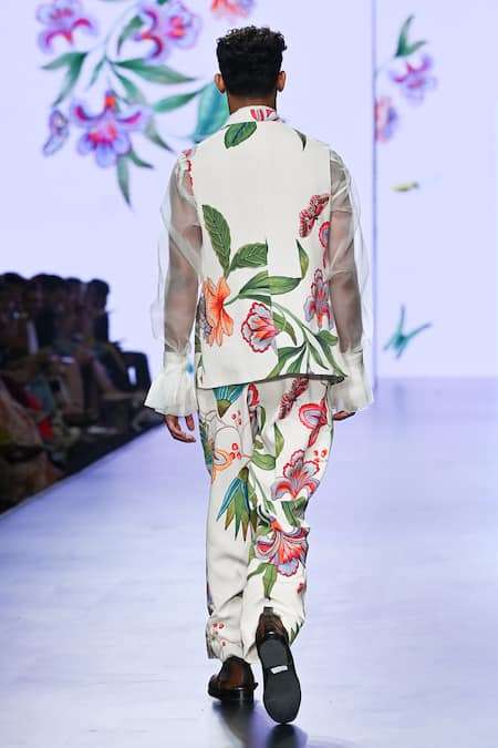 Shop_Mahima Mahajan_Ivory Organza, Modal Embroidery Floral Printed Nehru Jacket _at_Aza_Fashions
