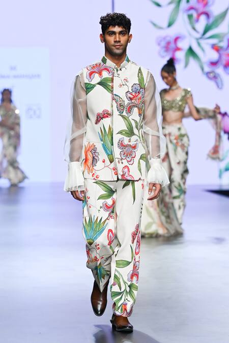 Mahima Mahajan_Ivory Organza, Modal Embroidery Floral Printed Nehru Jacket _Online_at_Aza_Fashions