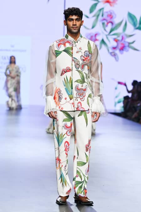 Buy_Mahima Mahajan_Ivory Organza, Modal Embroidery Floral Printed Nehru Jacket _Online_at_Aza_Fashions