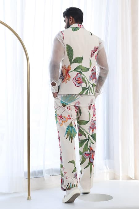 Shop_Mahima Mahajan_Ivory Organza, Modal Embroidery Floral Printed Nehru Jacket _Online_at_Aza_Fashions