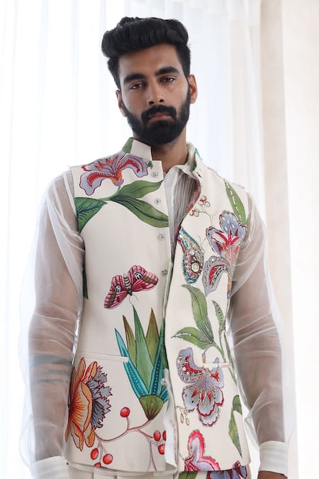Mahima Mahajan_Ivory Organza, Modal Embroidery Floral Printed Nehru Jacket _at_Aza_Fashions