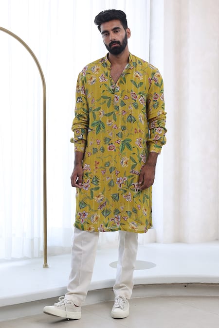 Mahima Mahajan Yellow Moss Crepe Printed Floral Asim Kurta And Pant Set 