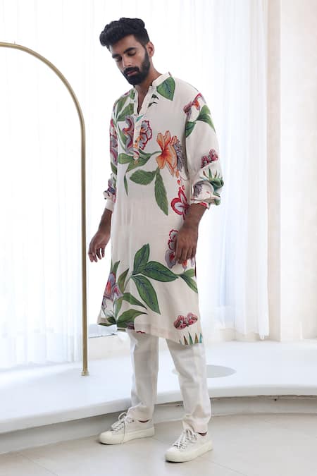 Mahima Mahajan Ivory Modal, Cotton Embroidery Divit Straight Printed Kurta Pant Set Online at Aza Fashions Mahima Mahajan_Ivory Modal, Cotton Embroidery Divit Straight Printed Kurta Pant Set _Online_at_Aza_Fashions