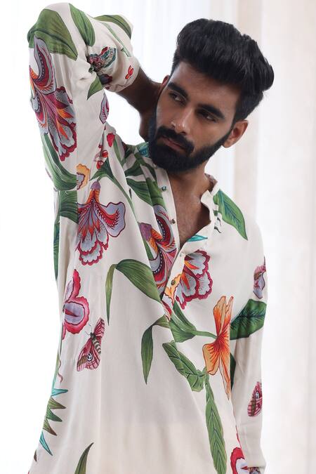 Shop Mahima Mahajan Ivory Modal, Cotton Embroidery Divit Straight Printed Kurta Pant Set Online at Aza Fashions Shop_Mahima Mahajan_Ivory Modal, Cotton Embroidery Divit Straight Printed Kurta Pant Set _Online_at_Aza_Fashions