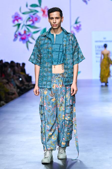 Buy_Mahima Mahajan_Grey Organza, Modal, Cotton Neil Botanic Bloom Print Pocket Pant _Online_at_Aza_Fashions