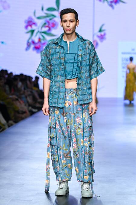Shop_Mahima Mahajan_Grey Organza, Modal, Cotton Neil Botanic Bloom Print Pocket Pant _Online_at_Aza_Fashions