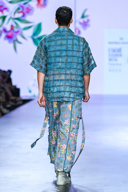 Shop_Mahima Mahajan_Grey Organza, Modal, Cotton Vyan Water Color Bloom Print Checkered Shirt _at_Aza_Fashions