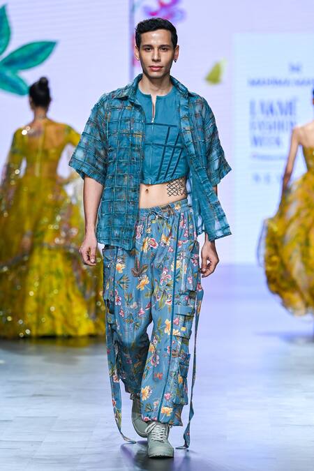 Mahima Mahajan_Grey Organza, Modal, Cotton Vyan Water Color Bloom Print Checkered Shirt _Online_at_Aza_Fashions