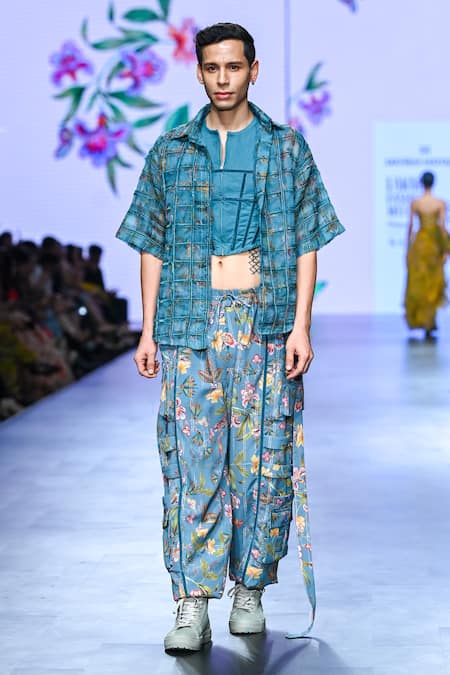 Buy_Mahima Mahajan_Grey Organza, Modal, Cotton Vyan Water Color Bloom Print Checkered Shirt _Online_at_Aza_Fashions