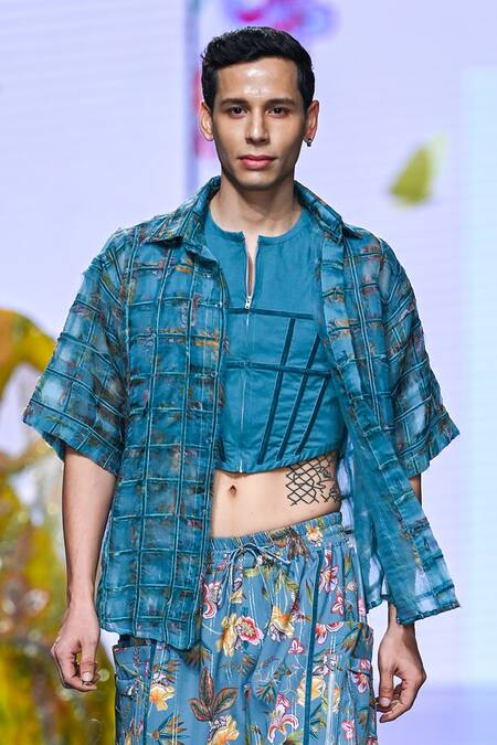 Mahima Mahajan Grey Cotton, Organza, Lycra Applique, Nivan Gardenia Bloom Print Shirt Pant Set Online at Aza Fashions Mahima Mahajan_Grey Cotton, Organza, Lycra Applique, Nivan Gardenia Bloom Print Shirt Pant Set _Online_at_Aza_Fashions