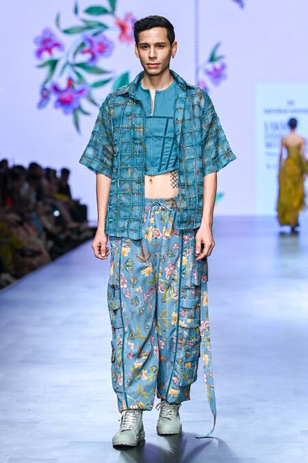 Shop_Mahima Mahajan_Grey Cotton, Organza, Lycra Applique, Nivan Gardenia Bloom Print Shirt Pant Set _Online_at_Aza_Fashions