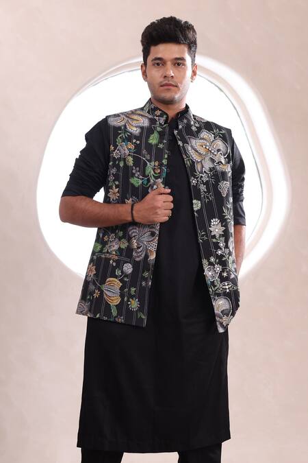 Buy_Mahima Mahajan_Black Sequins, Mirrors Persian Bloom Print Nehru Jacket _Online_at_Aza_Fashions
