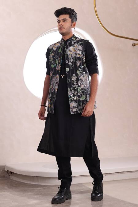 Shop_Mahima Mahajan_Black Sequins, Mirrors Persian Bloom Print Nehru Jacket _Online_at_Aza_Fashions
